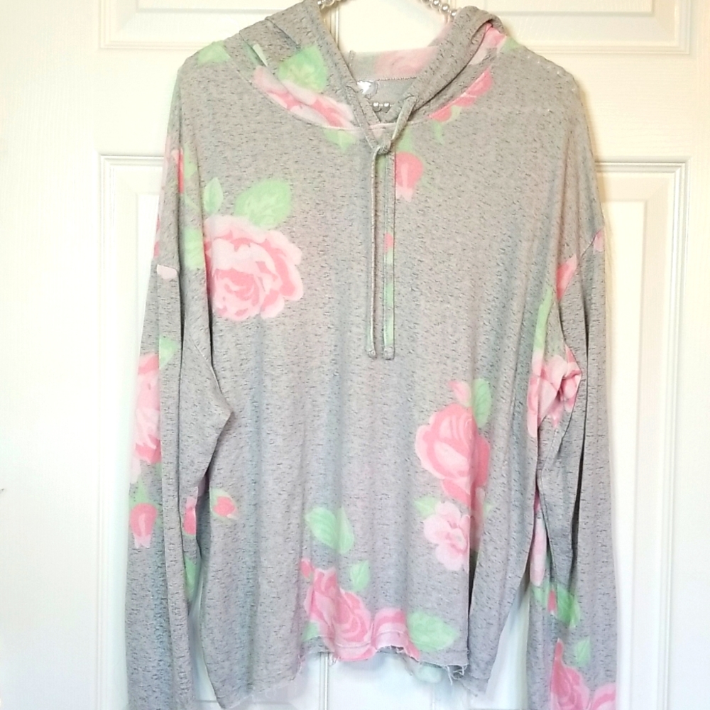 Just Be Womens Pink Grey floral Maternity Pull Over Hoodie Shirt